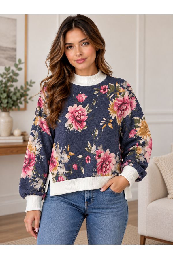 LMT5620 / Lovely Melody<br/>Vintage Botanical Ribbed-Trim Pullover