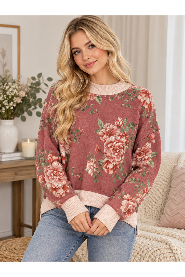 LMT5622 / Lovely Melody<br/>Rust Peony Floral Ribbed Pullover