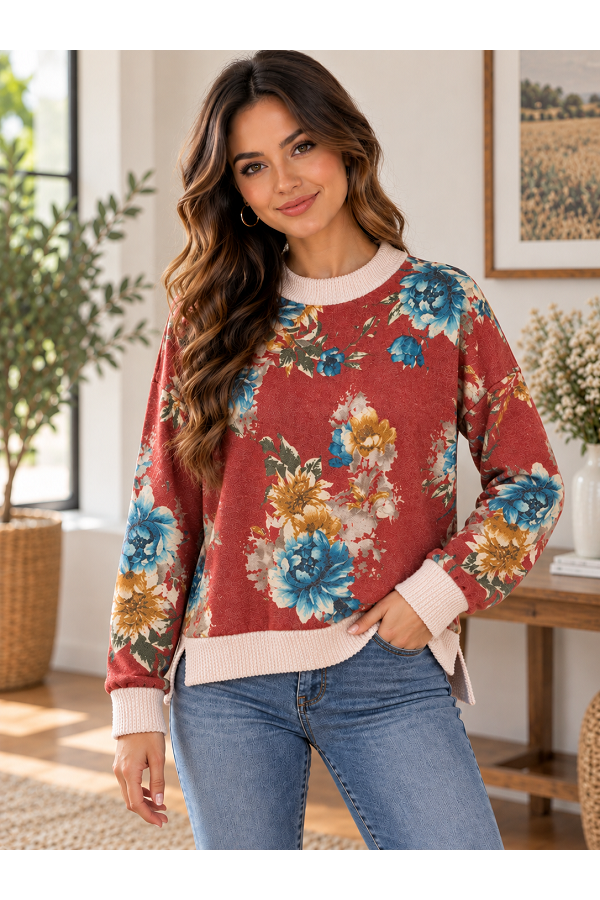 LMT5626 / Lovely Melody<br/>Rust Harvest Floral Pullover Sweatshirt