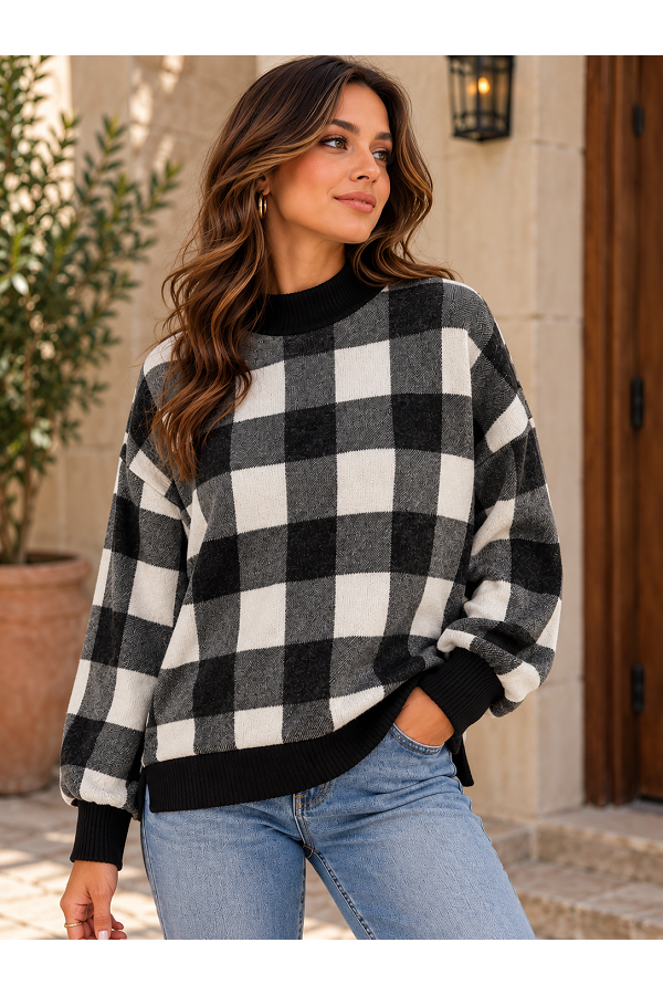 LMT5648 / Lovely Melody<br/>Cozy Checkered Mock Neck Top