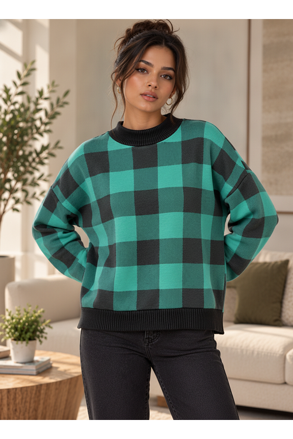 LMT5649 / Lovely Melody<br/>The Aspen Buffalo Check Mock Neck Sweatershirt