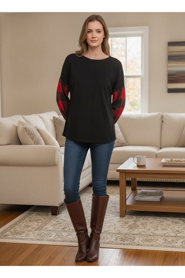 LMT5651 / Lovely Melody<br/>Cozy Buffalo Plaid Contrast Sleeve Top