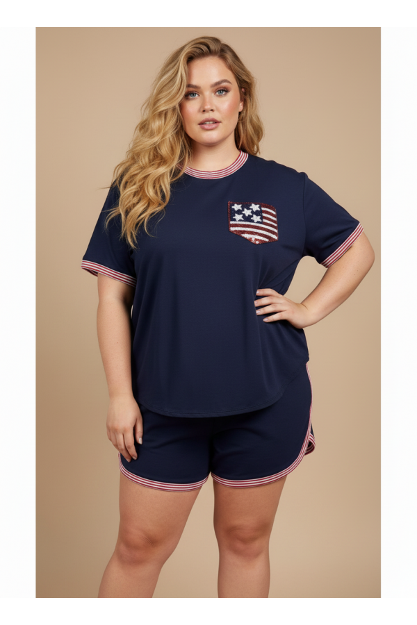 SET388-PLUS / Lovely Melody<br/>Raise the Flag Sequin Pocket Two-Piece Set Plus Size