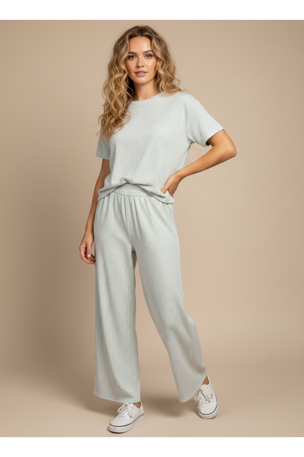 SET406 / Lovely Melody<br/>Two Tone Ribbed Two-Piece Set with Pants