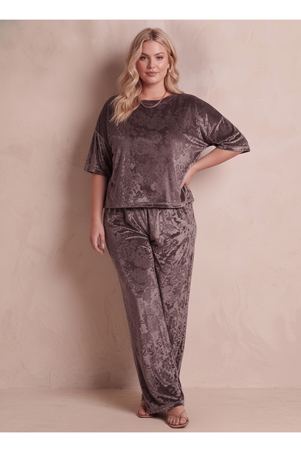 SET421PL / Lovely Melody<br/>Plus Size Rose Print Velvet Lounge Set