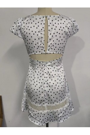 VID50433 / The Vintage Shop<br/>DOT PRINT LACE TRIM DETAIL PUFF CAP SLEEVE MINI DRESS