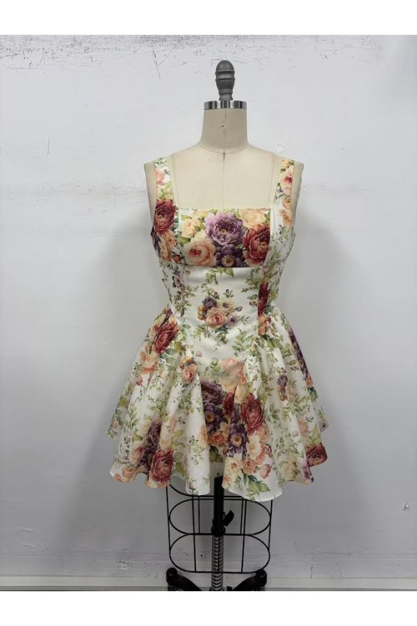 VID50792-14 / The Vintage Shop<br/>FLORAL PRINT SQUARE NECKLINE CORSET STYLE MINI DRESS