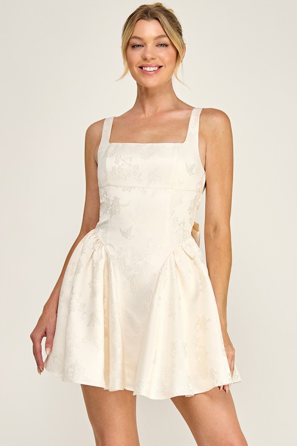 VID50792-15 / The Vintage Shop<br/>JACQUARD SQUARE NECKLINE STRAP BACK RIBBON MINI DRESS
