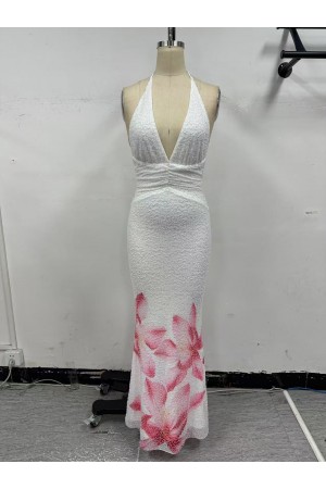 VID51181-2 / The Vintage Shop<br/>MESH W/ BEADS FLOWER PRINT DEEP V NECK MAXI DRESS