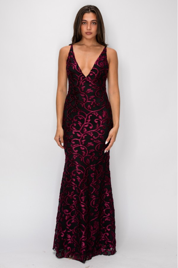 VID51204-12 / The Vintage Shop<br/>BURN OUT MESH FLORAL DEEP V-NECKLINE ADJUSTABLE STRAP MAXI DRESS