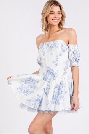 VID51484 / The Vintage Shop<br/>POPLIN FLORAL OFF-SHOULDER BONED MINI DRESS