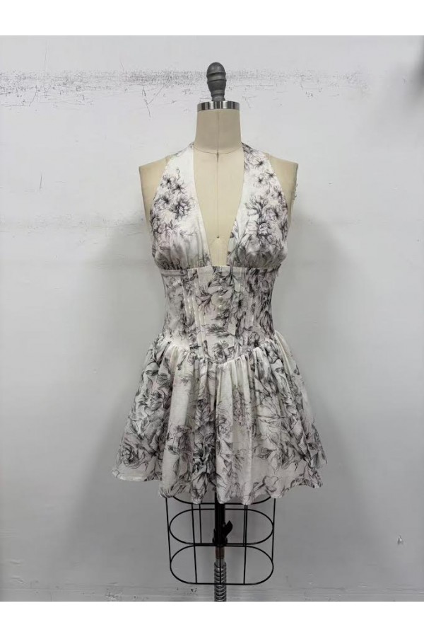 VID51578-1 / The Vintage Shop<br/>FLORAL HALTER NECKLINE OPEN BACK SMOCKING FIT MINI DRESS