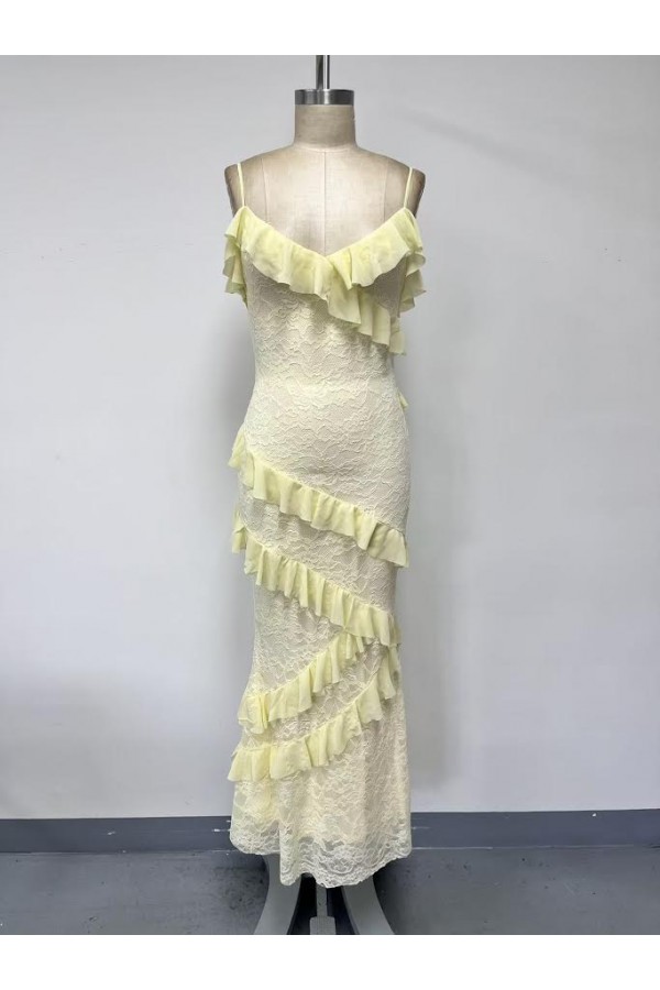 VID51663-1 / The Vintage Shop<br/>SLEEVELESS STRAP OPEN BACK RUFFLE MAXI DRESS