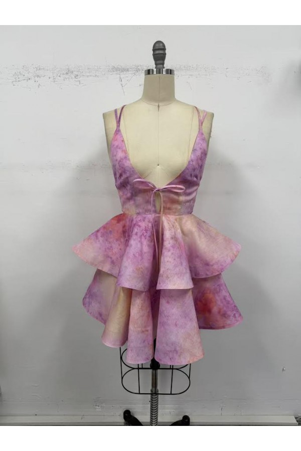 VID52244-1 / The Vintage Shop<br/>PLUNGING NECK ORGANZA RUFFLE CRISS CROSS TIE BACK MINI DRESS