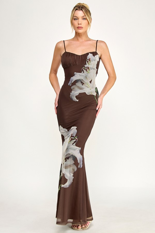 VID52342-5 / The Vintage Shop<br/>MESH FLOWER PRINT SWEETHEART NECKLINE STRAPS MAXI DRESS