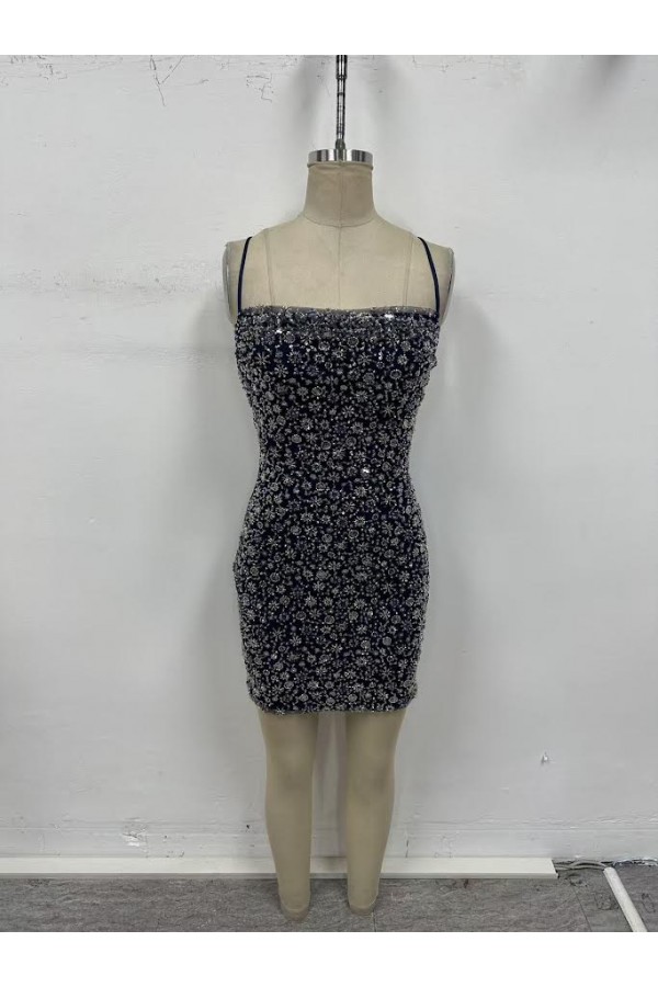 VID52691-1 / The Vintage Shop<br/>MESH COWL NECKLINE CRISSCROSS SPAGHETTI STRAPS MINI DRESS