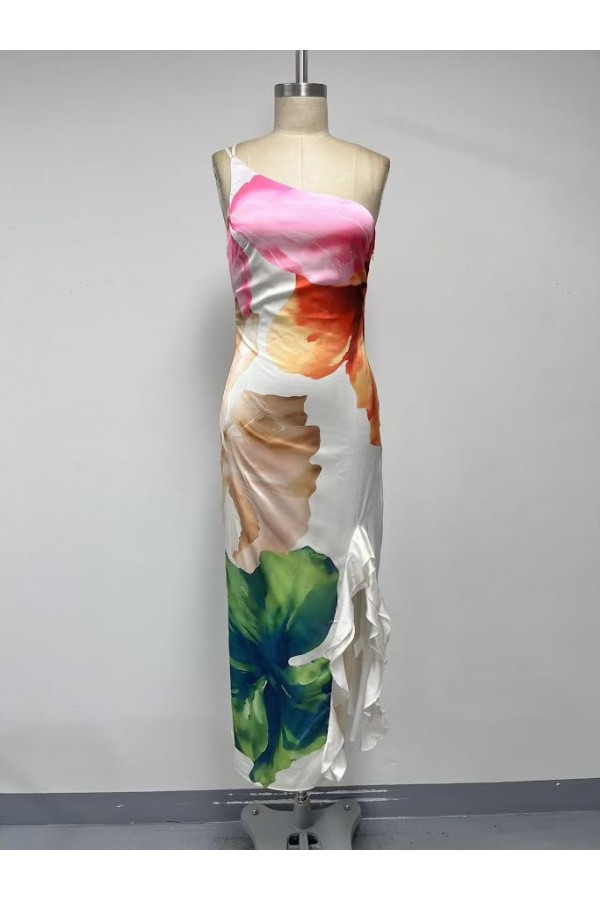 VID53074 / The Vintage Shop<br/>SATIN ONE SHOULDER BIG FLOWER PRINT MAXI DRESS