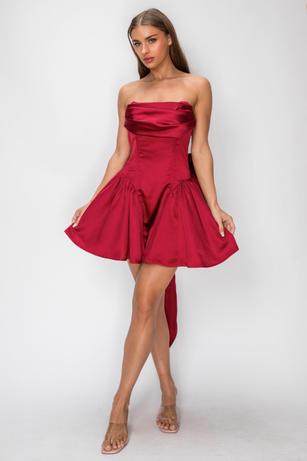VID53154 / The Vintage Shop<br/>SATIN STRAPLESS CORSET STYLE LACE UP BOW MINI DRESS