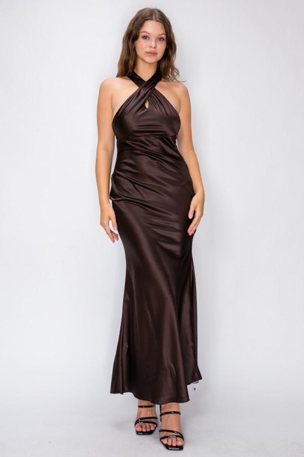 VID53256 / The Vintage Shop<br/>HALTER MOCK NECK OPEN-BACK MAXI DRESS