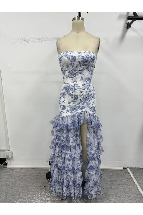 VID53368-1 / The Vintage Shop<br/>LACE WITH BEADS FLORAL STRAPLESS FLOWY CHIFFON MAXI DRESS