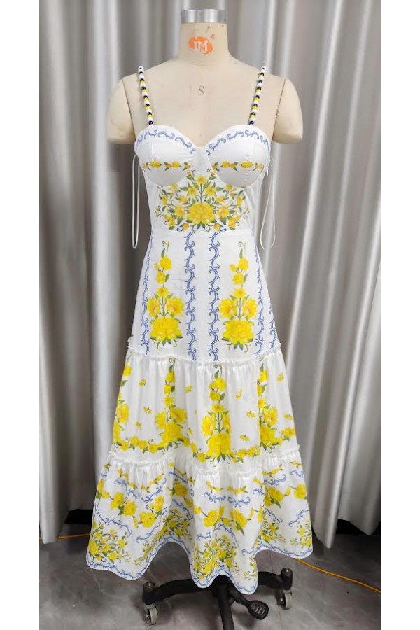 VID53403 / The Vintage Shop<br/>POPLIN SPAGETTI STRAPS SMOCKING FLOWER PRINT MAXI DRESS