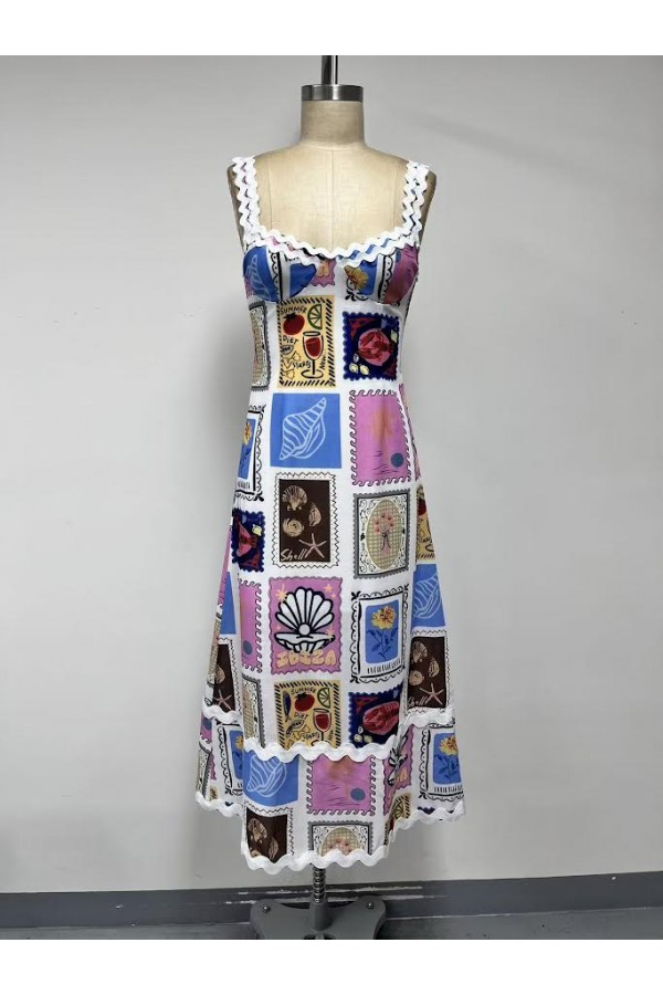 VID53425 / The Vintage Shop<br/>LINEN SQUARE NECKLINE THIN SHOULDER STRAPS MAXI DRESS