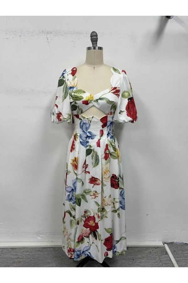 VID53430 / The Vintage Shop<br/>POLY PRINT WOVEN V-NECK LOOSE MAXI DRESS