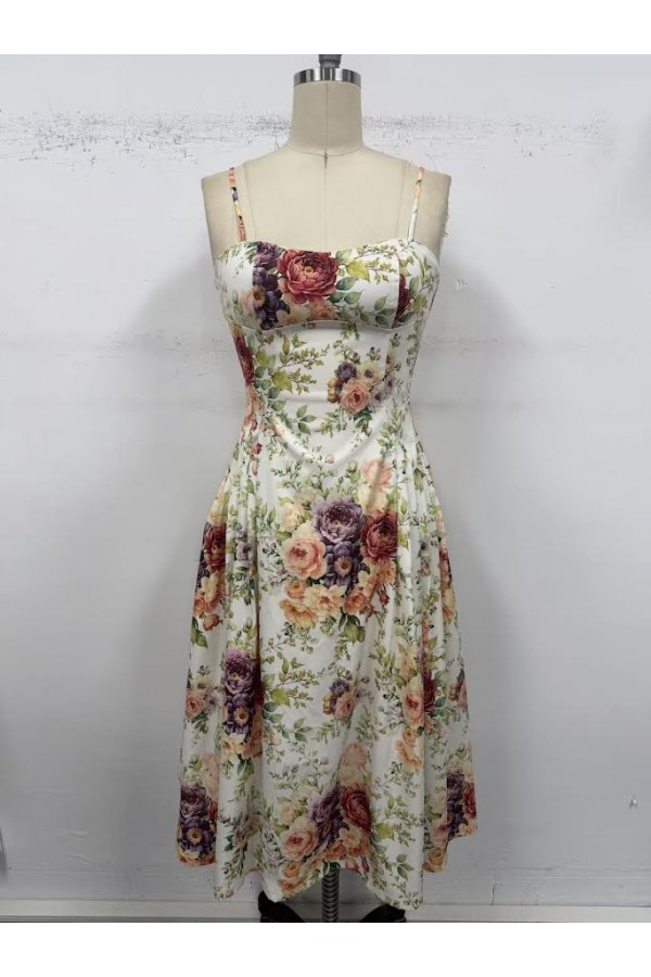 VID53443 / The Vintage Shop<br/>FLORAL PRINT SWEETHEART NECKLINE SPAGHETTI STRAPS MIDI DRESS