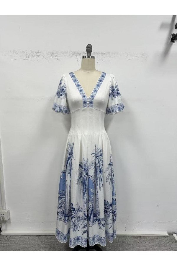 VID53462 / The Vintage Shop<br/>POLY WOVEN V-NECK BUBBLE SLEEVES MAXI DRESS