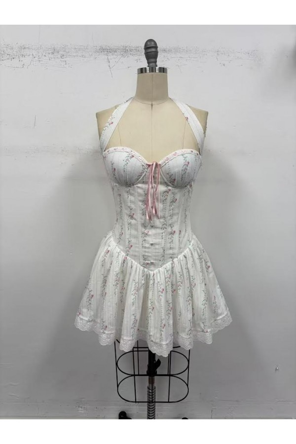 VID53481 / The Vintage Shop<br/>EYELET FLORAL PRINT CORSET HALTER NECKLINE LACE-UP DETAIL AT THE BACK MINI DRESS