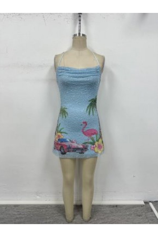 VID53485 / The Vintage Shop<br/>MESH TROPICAL PRINT FLAMINGO COWL NECK MINI DRESS