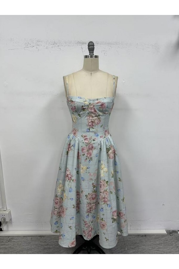 VID53515-1 / The Vintage Shop<br/>SWEETHEART NECKLINE ADJUSTABLE STRAPS FLOWY MIDI DRESS