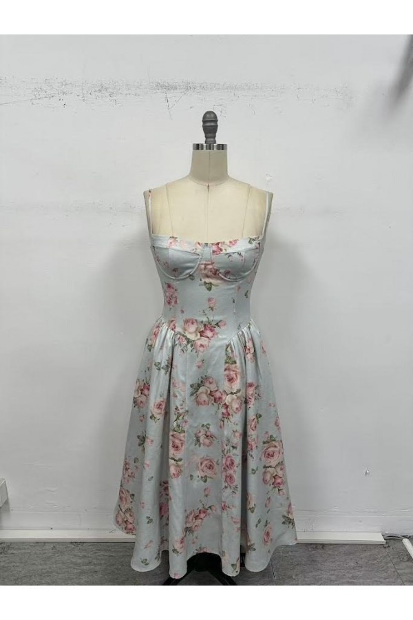 VID53515-4 / The Vintage Shop<br/>FLORAL PRINT SWEETHEART NECKLINE ADJUSTABLE STRAPS FLOATY MIDI DRESS