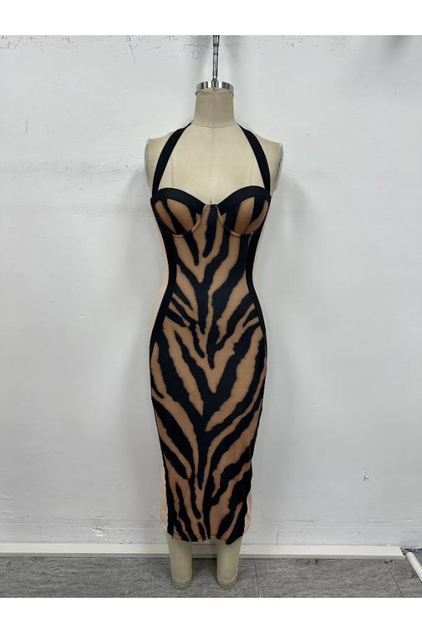 VID53518 / The Vintage Shop<br/>SCUBA ZEBRA PRINT HALTER SHAPEWEAR MAXI DRESS