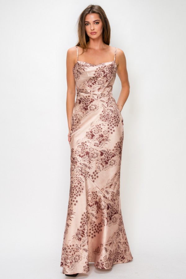 VID53557 / The Vintage Shop<br/>SATIN BURNOUT FLORAL PRINT COWL NEKLINE SPAGHETTI STRAPS MAXI DRESS