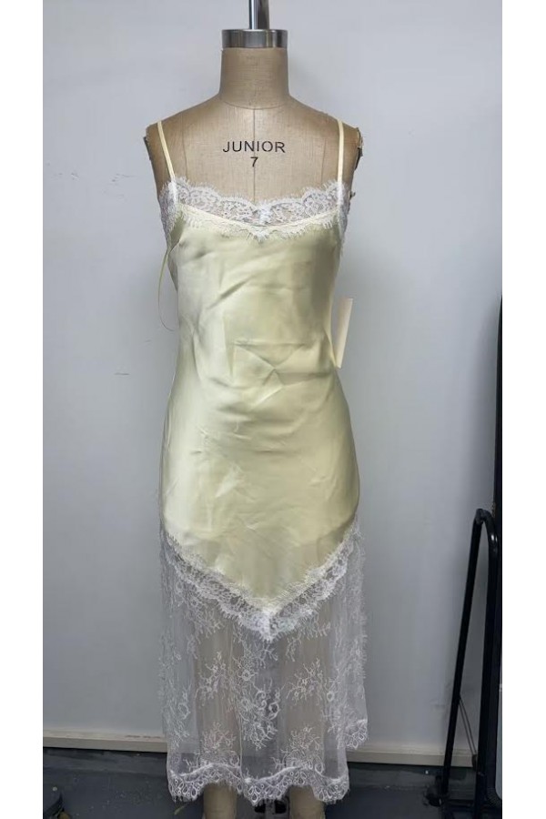 VID53601 / The Vintage Shop<br/>SATIN SQUARED NECKLINE LACE TRIM SPAGHETTI STRAPS MIDI DRESS