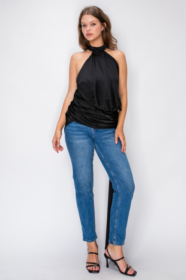 VID53689 / The Vintage Shop<br/>SATIN HIGH NECK COLLAR OPEN BACK DRAPED ASYMMETRICAL MINI DRESS