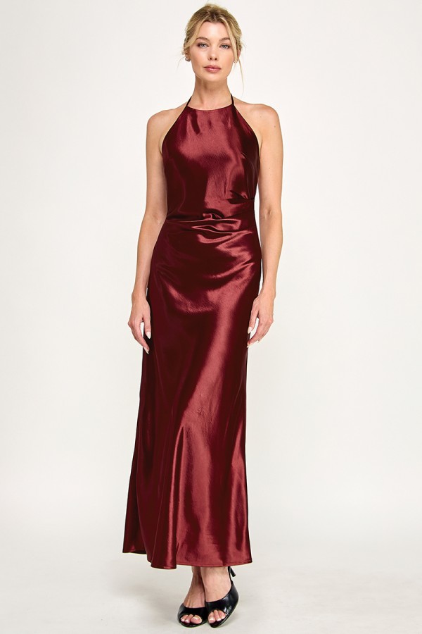 VID53700 / The Vintage Shop<br/>SATIN HIGH HALTER THIN SPAGHETTI STRAPS OPEN BACK MAXI DRESS