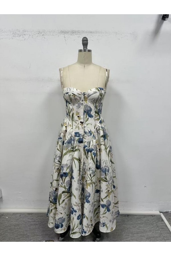 VID53768-1 / The Vintage Shop<br/>FLORAL PRINT SPAGHETTI STRAPS CORSET STYLE MAXI DRESS