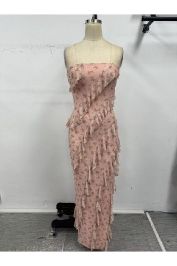 VID53779 / The Vintage Shop<br/>PRINT MESH RUFFLE TUBE MAXI DRESS