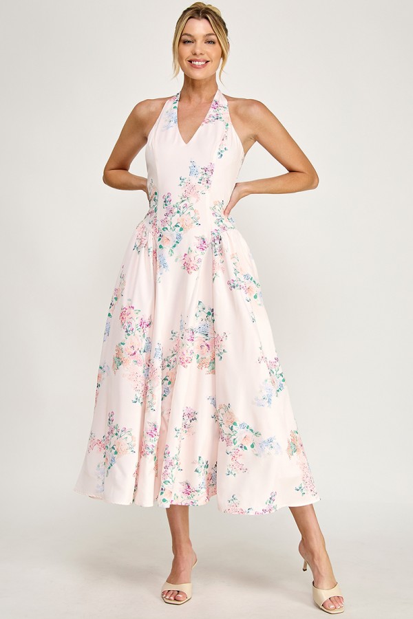 VID53804-1 / The Vintage Shop<br/>FLORAL HALTER V -NECK SLEEVELESS MAXI DRESS