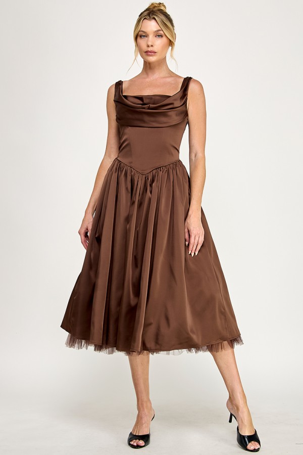 VID53805 / The Vintage Shop<br/>SATIN COWL -NECK THICK STRAPS MIDI DRESS