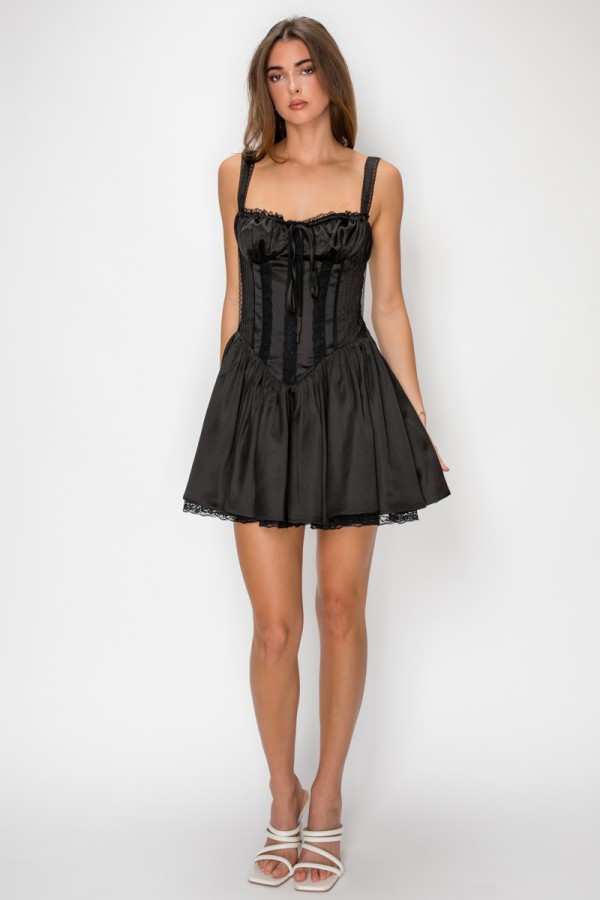 VID53843-2 / The Vintage Shop<br/>SATIN CORSET SWEETHEART NECKLINE LOW OPEN BACK WAIST BOW DETAIL FLARED MINI DRESS