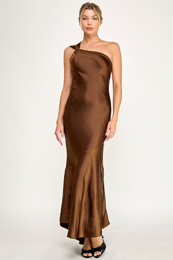 VID53865 / The Vintage Shop<br/>SATIN ASYMMETRICAL ONE-SHOULDER SELF-TIE OPEN BACK FLUID MAXI DRESS