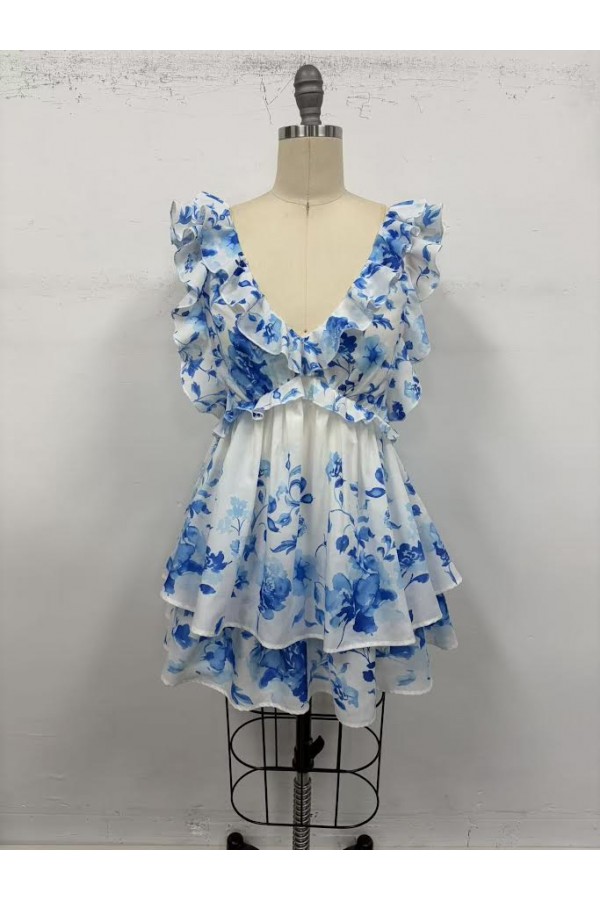 VID53918 / The Vintage Shop<br/>LINEN FLORAL PRINT DEEP V-NECKLINE RUFFLED SLEEVELES OPEN BACK MINI DRESS
