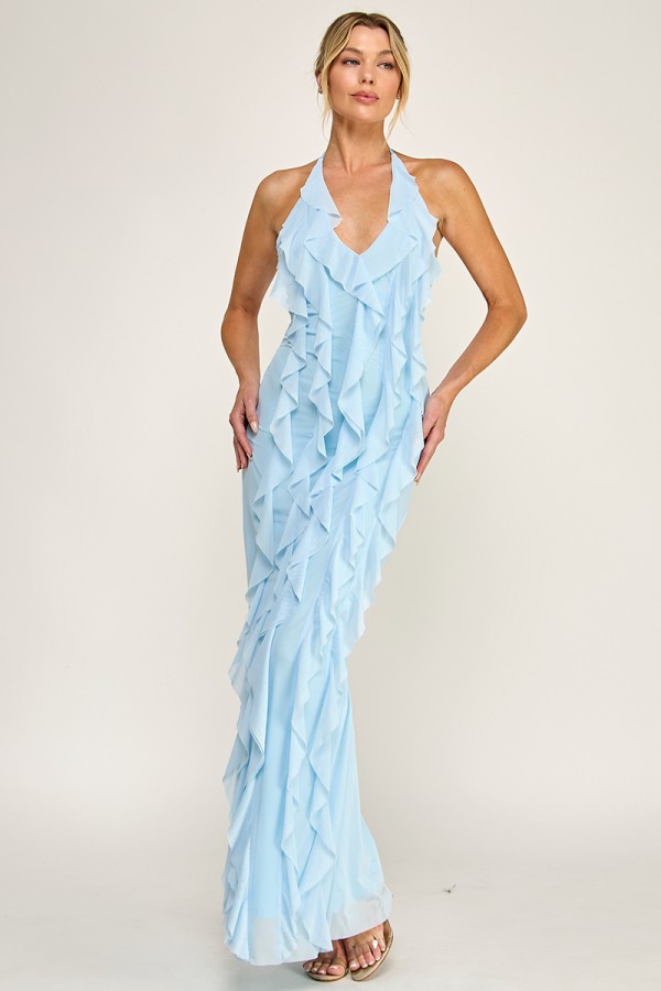 VID53924 / The Vintage Shop<br/>MESH HALTER NECKLINE RUFFLE MAXI DRESS