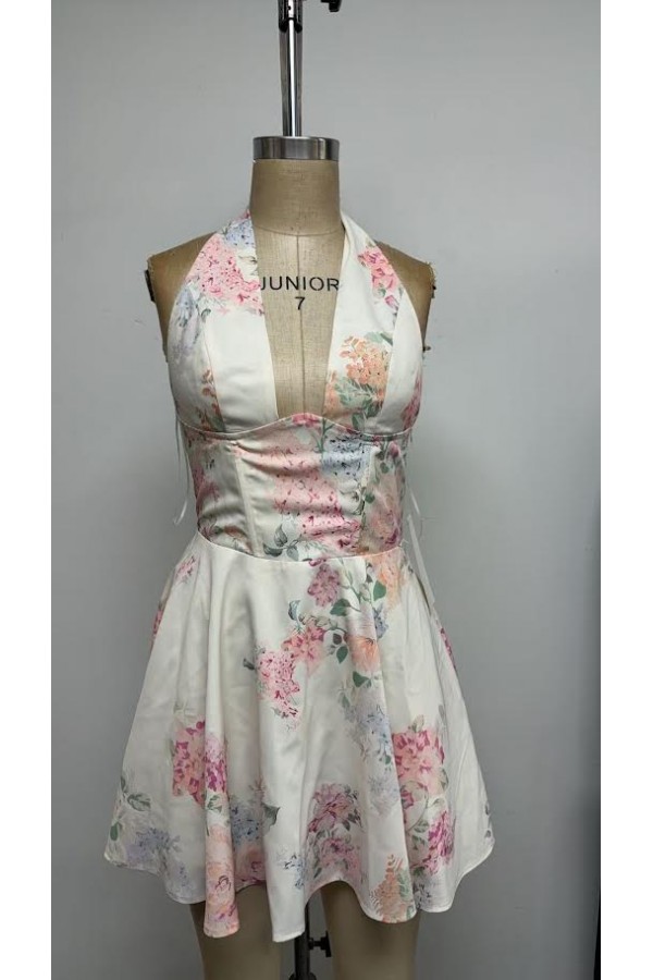 VID53927-1 / The Vintage Shop<br/>FLORAL PRINT HALTER FLARED FLORAL MINI DRESS
