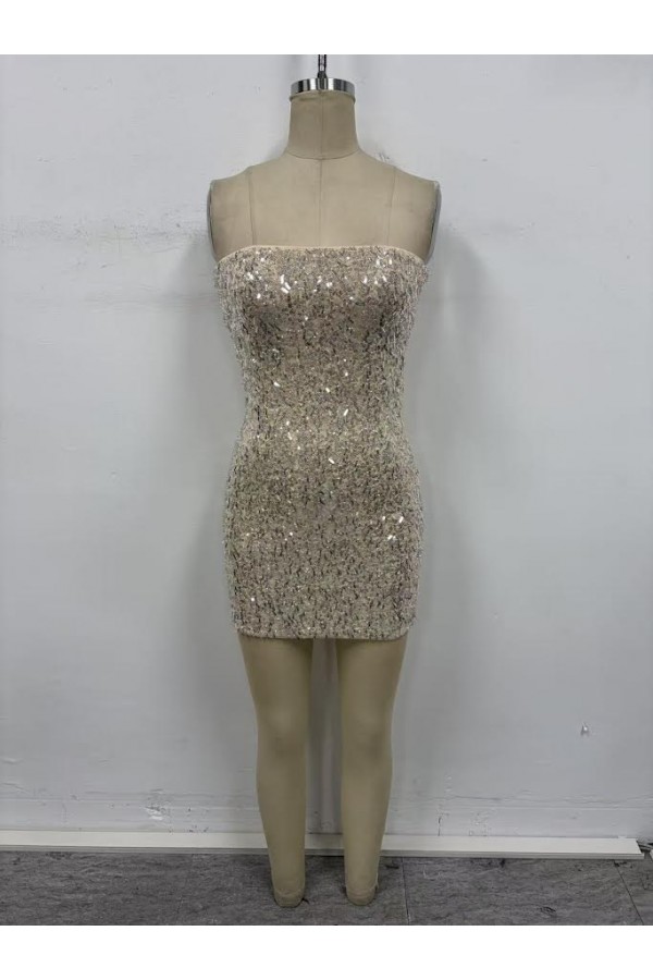 VID53946 / The Vintage Shop<br/>STRETCH MESH W/ BEADS SEQUIN STRAPLESS OPEN BACK WITH LACE UP MINI DRESS