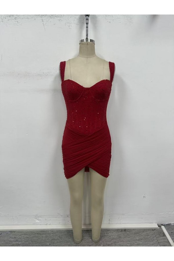 VID53990 / The Vintage Shop<br/>MESH WITH BEADS SEQUIN SWEETHEART NECKLINE THICK STRAPS MINI DRESS