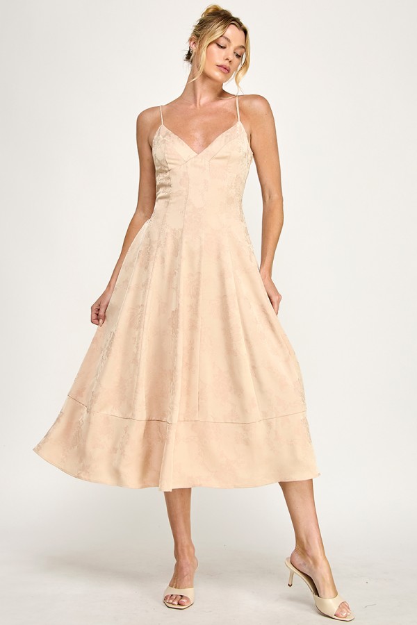 VID54008 / The Vintage Shop<br/>JACQUARD V-NECKLINE SPAGHETTI STRAPS A-LINE MIDI DRESS